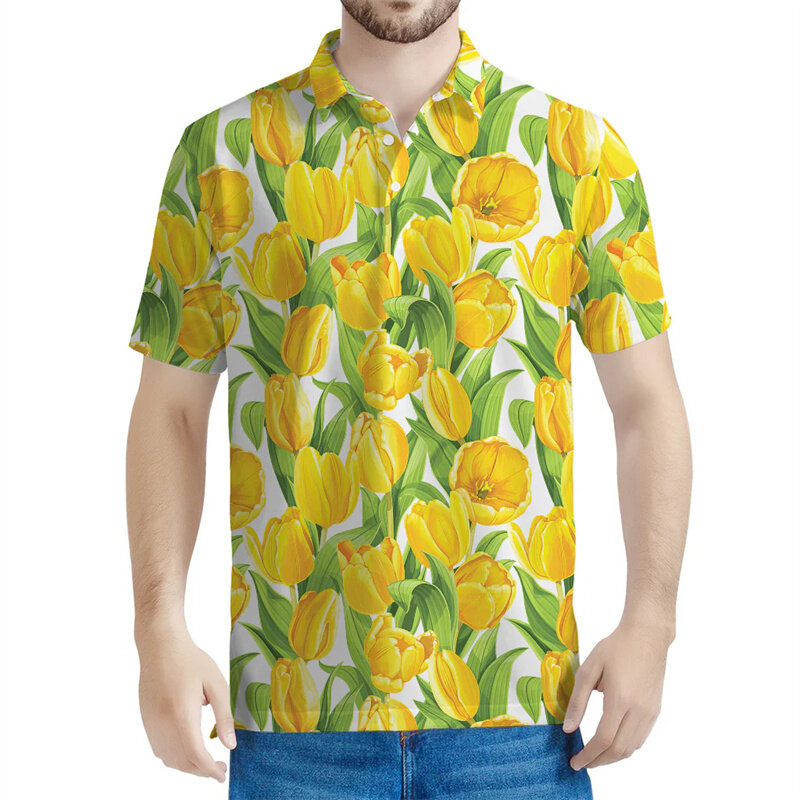 Homens e mulheres Flower Tulip Pattern Polo Shirts, 3D Floral Print, Short Sleeves, Casual Street Button, Oversized Lapel Tees, Mulheres