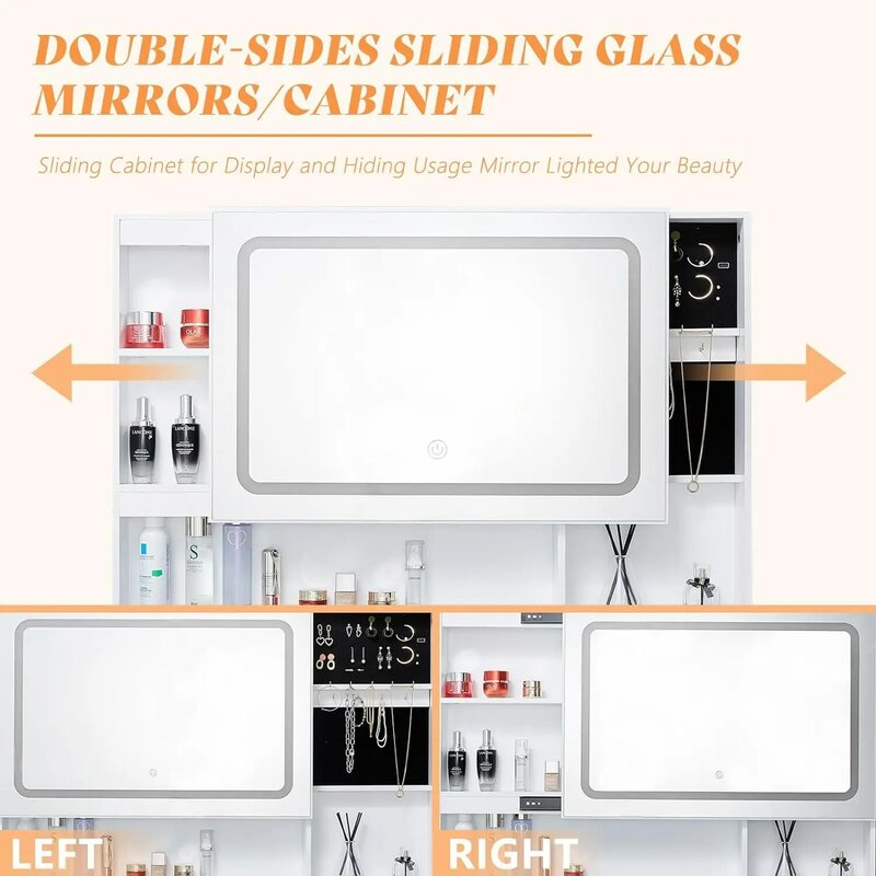 Maquiagem Vanity Table Set com espelho deslizante e LED iluminado, grande vaidade com estação de carregamento, mesa de vidro visível, 3 modos