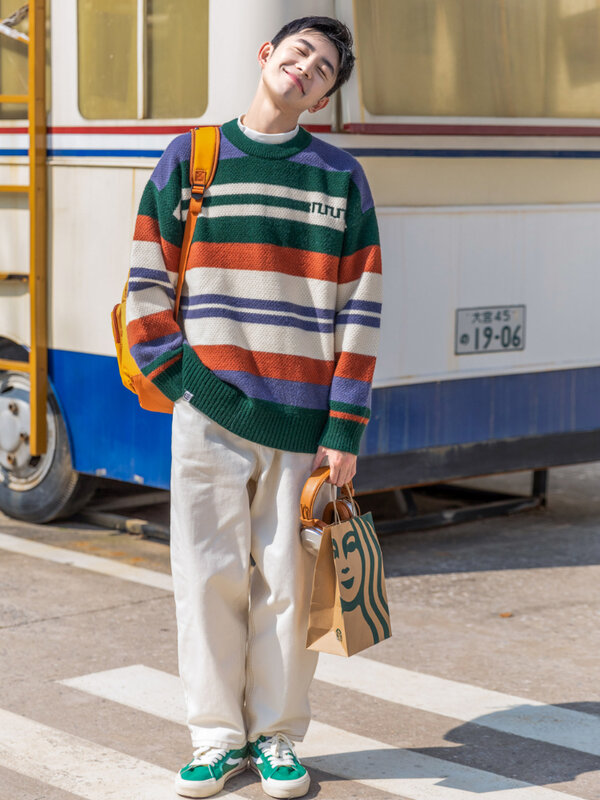 Мужской трикотажный свитер контрастных цветов в полоску, привлекательная модная Молодежная популярная универсальная осенняя одежда для улицы с длинным рукавом для колледжа