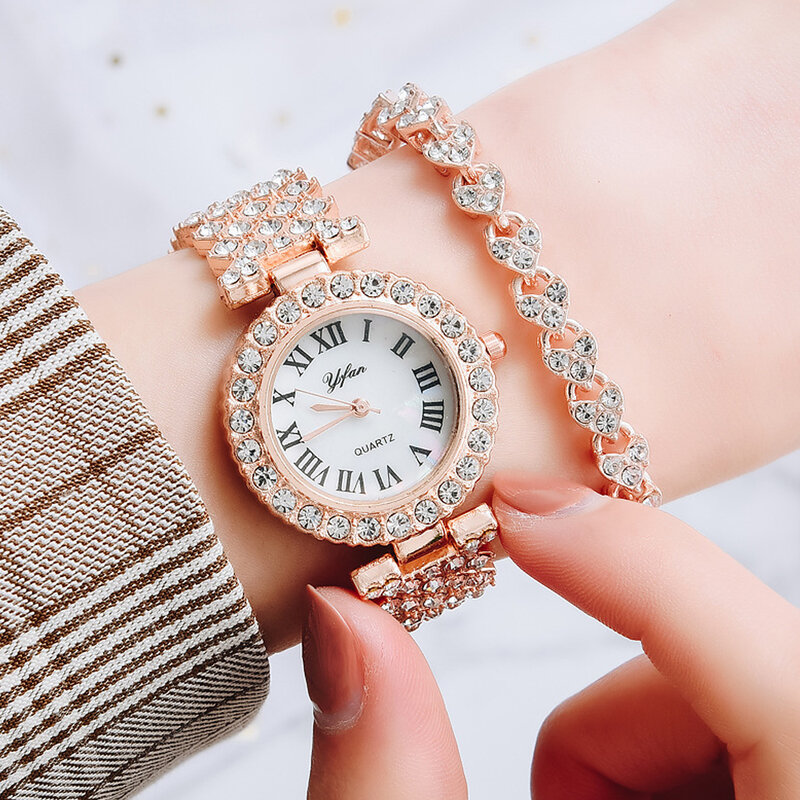 Hip hop feminino rosa ouro relógio de moda senhoras quartzo diamante relógio de pulso elegante feminino pulseira relógios 2 pçs conjunto reloj mujer 2022