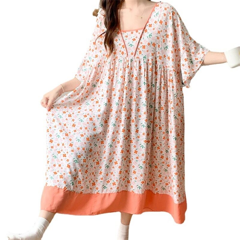 Summer Short Sleeve Nightdress Women Thin Printed Sleepwear Viscose Nightgowns Loose Long Sleeping Dress Female Casual Homewear