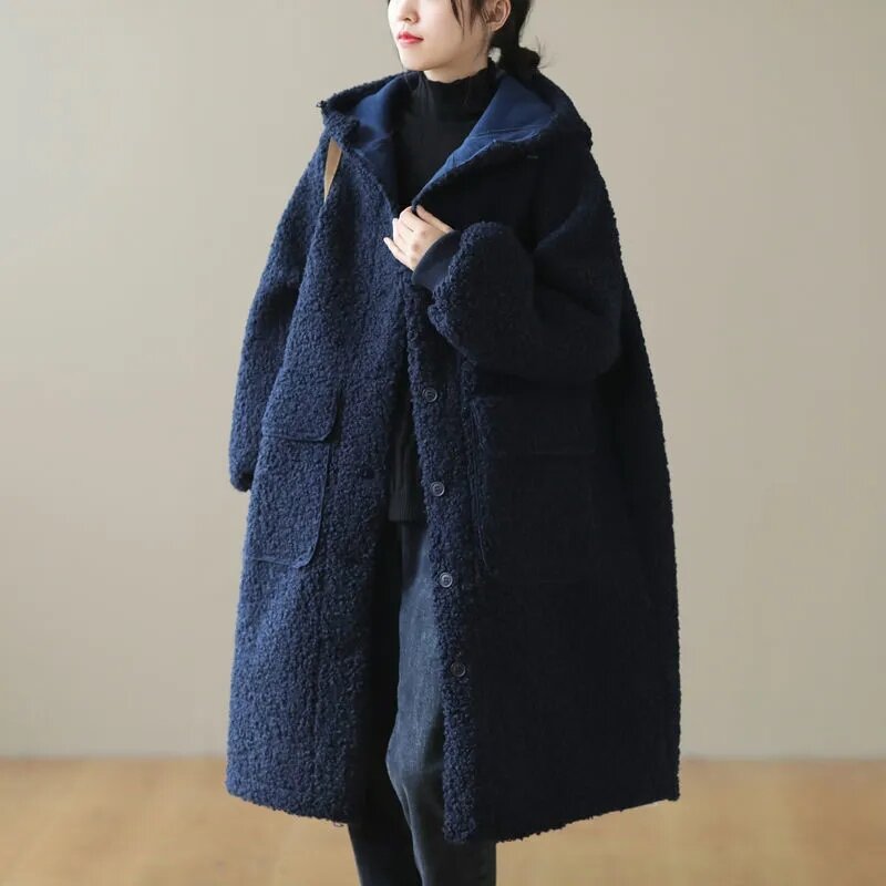 2024 Fashion Faux Fur Jacket Women Autumn Winter literature Art Vintage Loose Hooded Lamb Fur Coat Female Mid-Length Overcoat