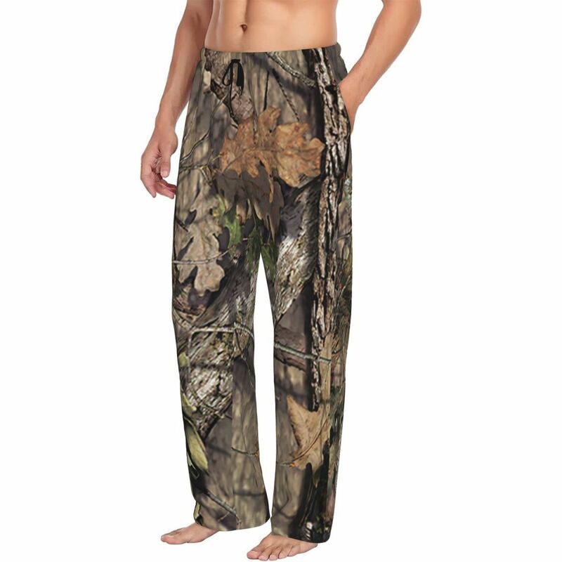 Caça Camo pijama masculino calças, padrão de camuflagem, folhas madeiras, impressão personalizada, pijamas temporada, fundo do sono com bolsos
