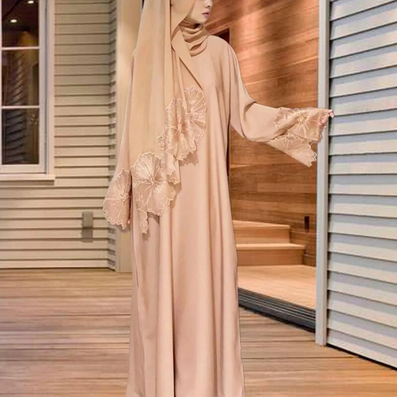 Muslim Robe Clothing Accessories Outfits with Headscarf Elegant Long Sleeves Prayer Dress for Outdoor Pray Festival Ladies Women