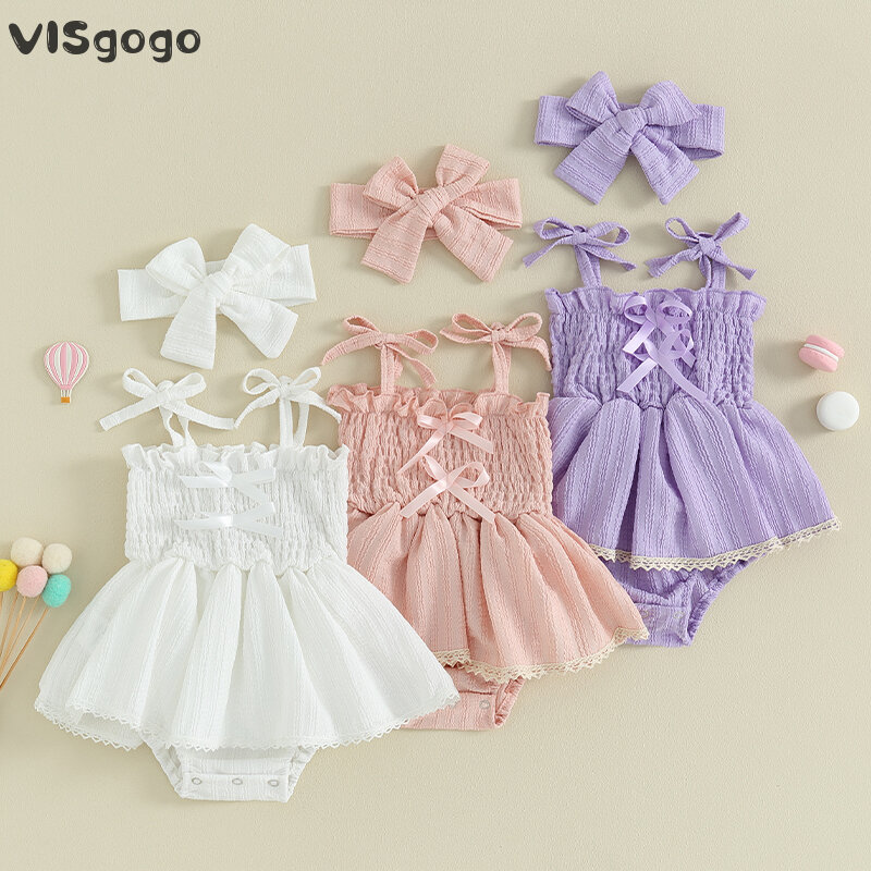 Visgogo-Baby Girl Romper Outfits, mangas Bow Front Smocked Vestido com Headband Set, roupas bonitos de verão infantil, 2pcs