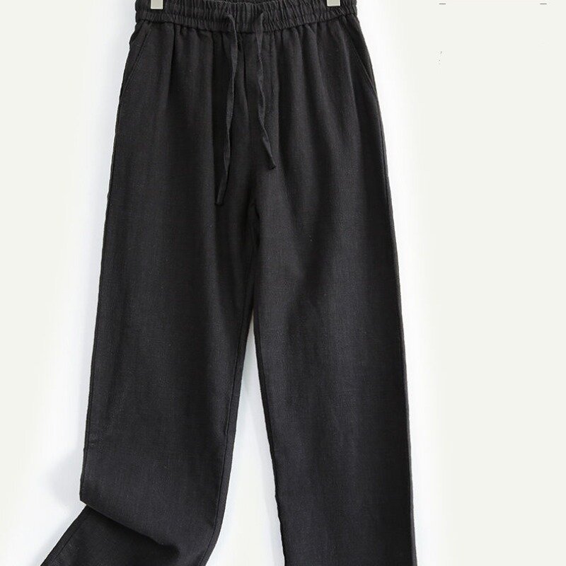 Temperament Versatile Spring/Summer Solid Color Men's Fiberflax Elastic Waist Drawstring Fashion Comfort Loose Straight Pants