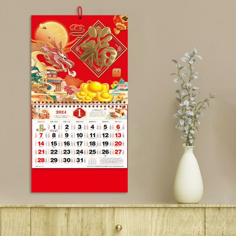 Coroczne kalendarz ścienny 2024 kalendarz ścienny 2024 chińskie noworoczne, ścienne tradycyjne wzór smoka z lat kalendarz ścienny do dekoracji wnętrz księżycowych