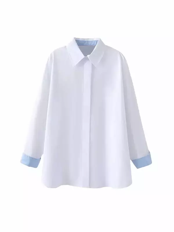Женская блузка из поплина на пуговицах, Повседневная Свободная блузка составного кроя с длинным рукавом, в винтажном стиле, 2024