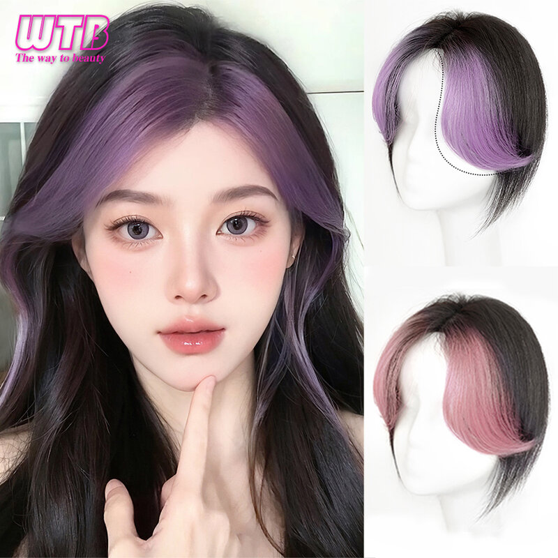 WTB 여성용 합성 앞머리 가발, 핑크 보라색, 푹신한 내추럴 커버, 흰 머리 앞머리 가발, 하이라이트