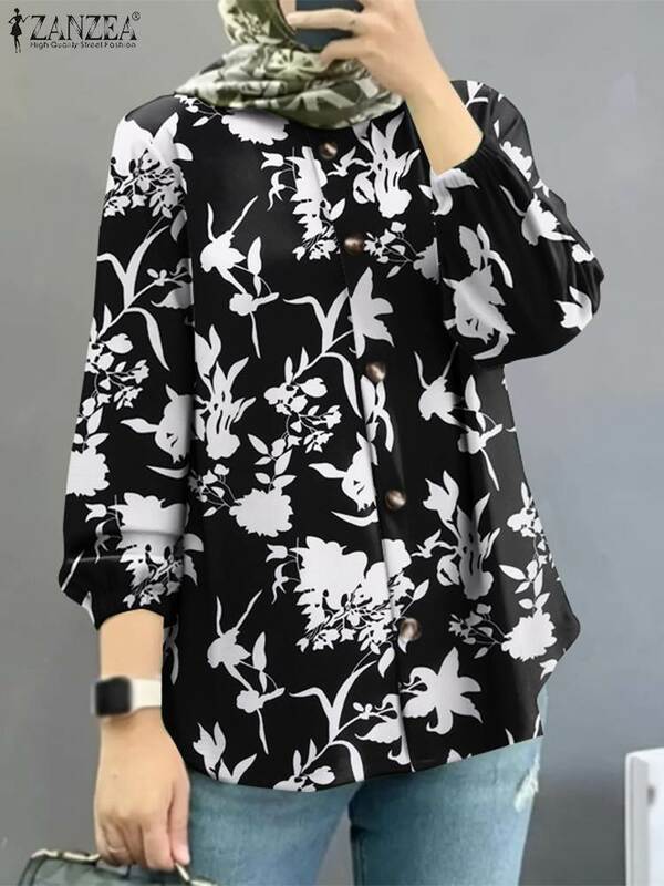ZANZEA-Abaya muçulmana estampada floral para mulheres, tops de manga comprida, camisa de feriado boêmia, roupa islâmica casual, blusa vintage, 2023