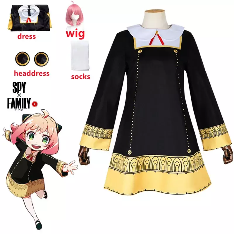 Spy Family Anime Cosplay Costume para Crianças, Anya Forger, Vestido preto kawaii, Roupas de festa, Peruca Halloween para meninas, Criança, Crianças