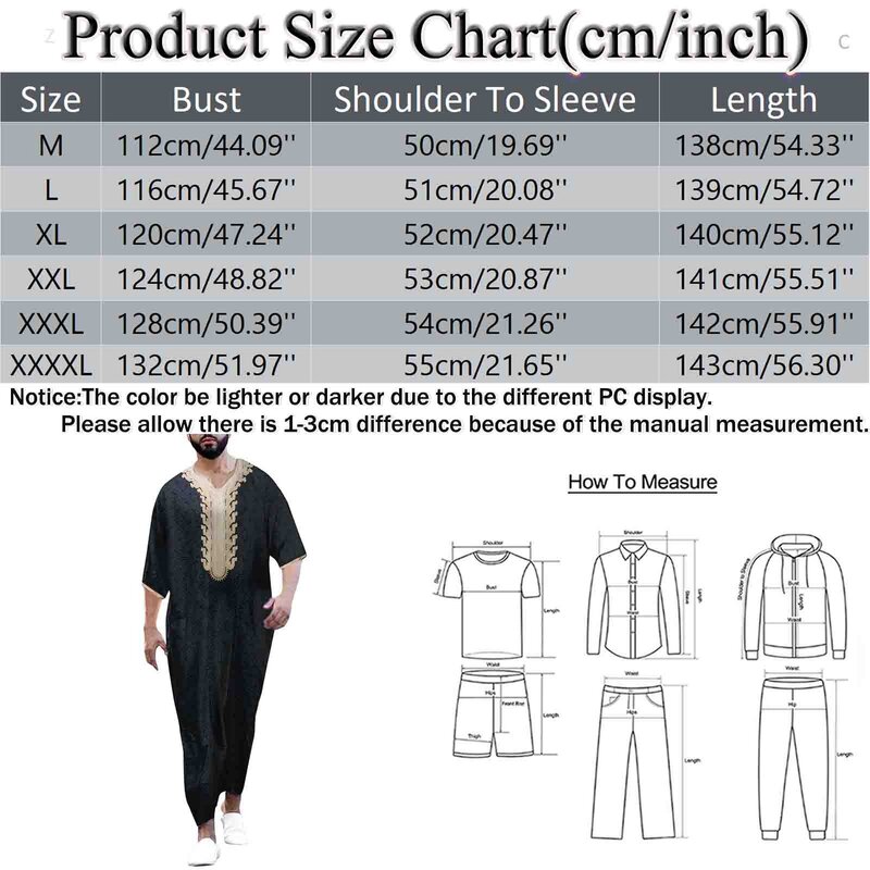 Robe árabe bordado vintage masculino, roupa muçulmana, monocromática, tamanho grande, moda islâmica, túnica de meia manga