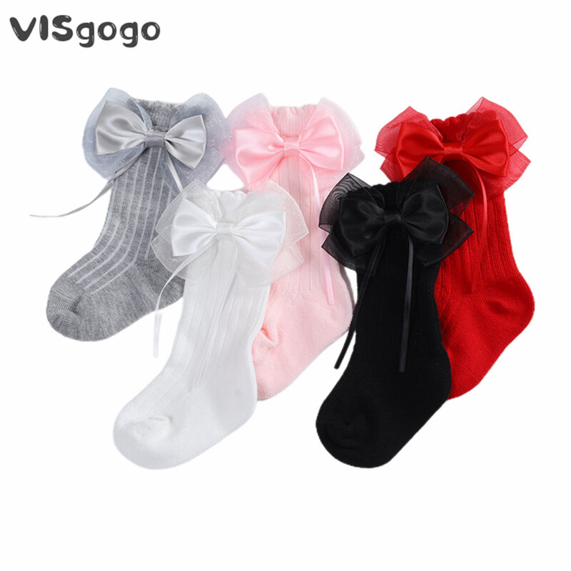 VISgKnitting-Chaussettes longues pour bébés filles, bas princesse, pompon solide, gros nœud papillon, chaussettes de printemps mignonnes, chaussettes au-dessus du genou