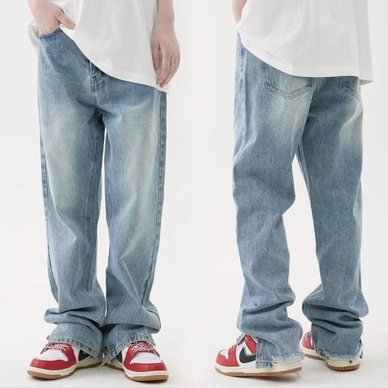2022 Baru Amerika Celah Jeans Musim Semi Cahaya Biru Celana Pria Kasual Gaya Jalan Jatuh Perasaan Tanah Menyeret Jins Lurus