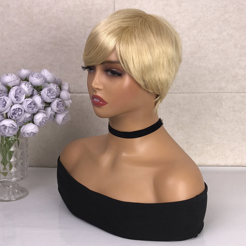 #613 blond proste włosy ludzkie peruka z grzywką krótka maszyna do fryzura Pixie wykonana peruki dla kobiet bezklejowe peruki 5 cali HairUGo