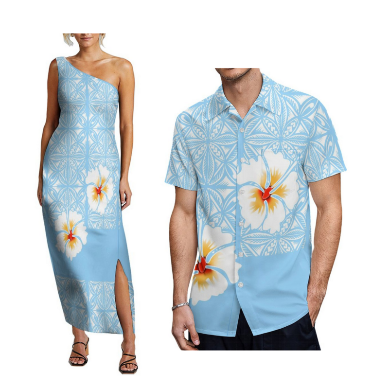 2024 Nieuwe Ontwerp Een Schouder Lange Feestjurk Plus Size Casual Jurken Vrouwen Hawaiiaanse Bloemenprint Polynesische Kleding Custom