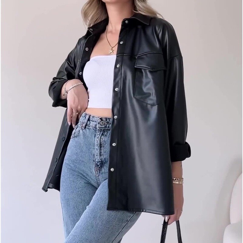 Autumn New European and American Popular Fashion Solid Color Flip Collar Short Motorcycle Style Leather Coat