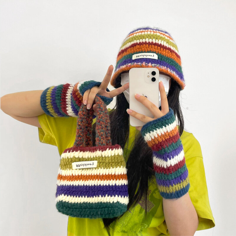 Korean Version Ins Style Rainbow Striped Beanies for Women Autumn and Winter New Warm Versatile Knitted Gloves Sweet Cool Bag