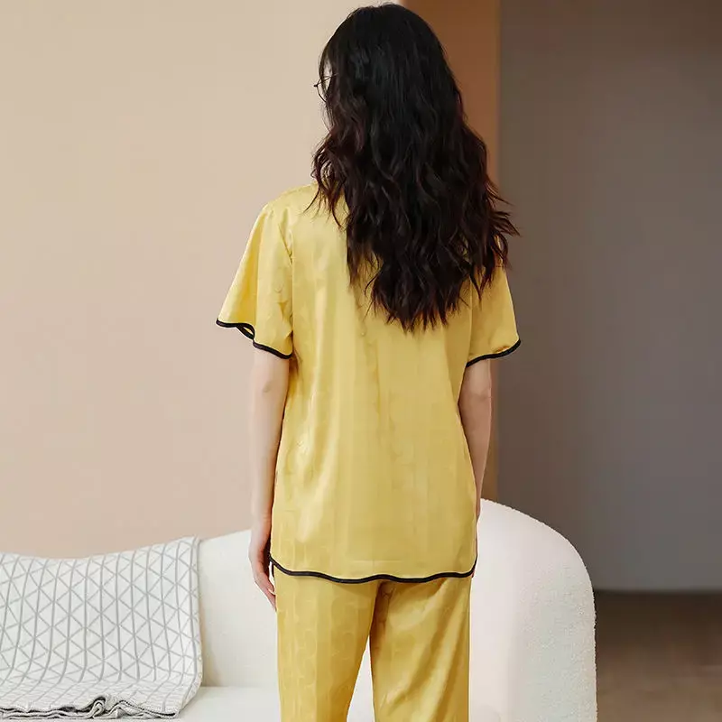 Women's Homewear Summer New Small Fragrant Style Loungewear Color Blocking Edging Short Sleeved Long Pants Ice Silk Pajama Set