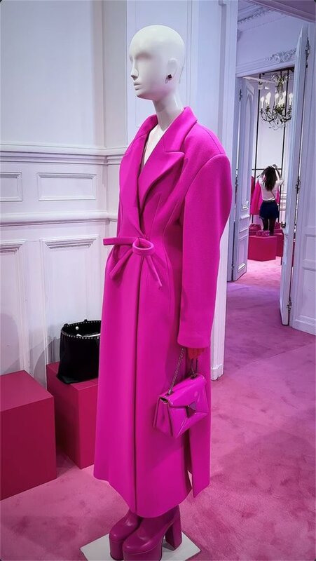 Barbiecore rosa lana donna vestito Blazer soprabito inverno cappotto spesso su misura 1 pz giacca lunga cravatta formale vita Prom Dress