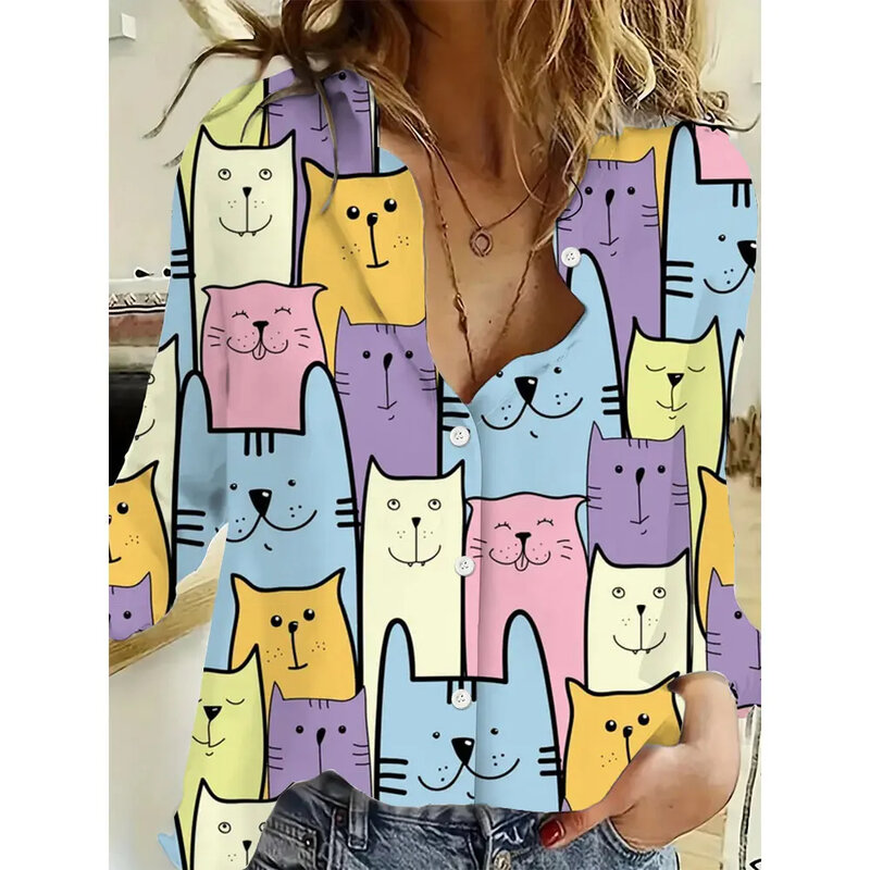 3D 디지털 귀여운 고양이 프린트 여성 셔츠, 분위기 있는 긴팔, 캐주얼 패션, 데일리 용수철, 가을, 2024 신상
