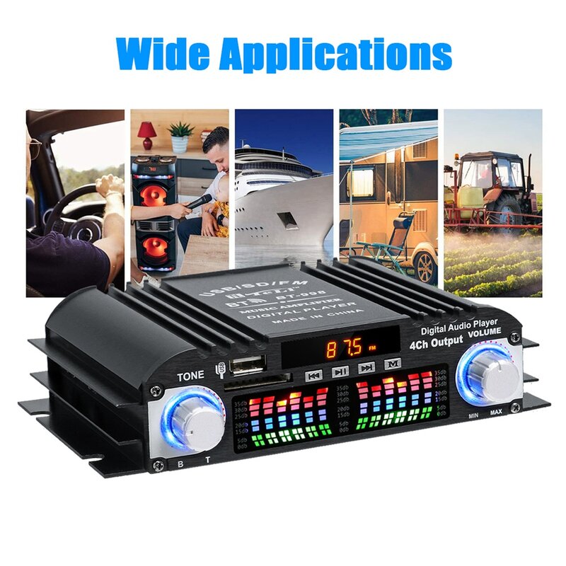 BT-998 HIFI Digital Audio Amplifier LCD Display ClassD Power Amplificador Bluetooth Radio Car Home Speaker FM USB SD