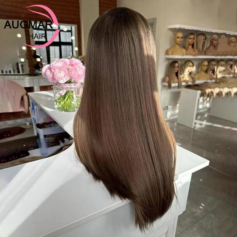 Perruque Lace Front Wig sans colle naturelle châtain brun, cheveux lisses, 13x6, 360 de densité
