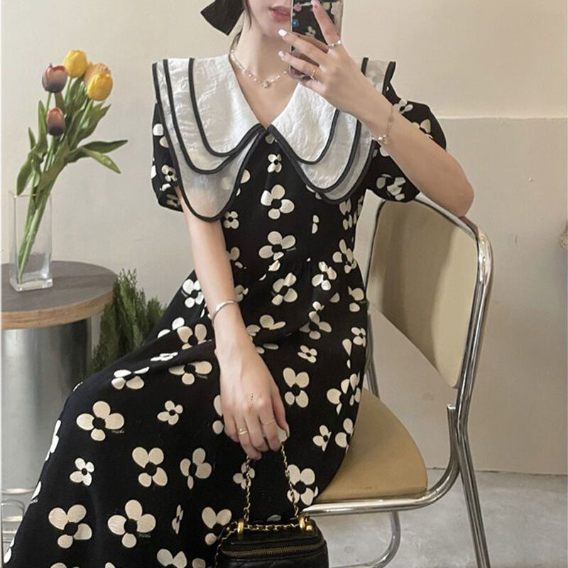Женское винтажное милое элегантное платье на шнуровке, повседневное пляжное платье миди с коротким рукавом и цветочным принтом, лето 2024