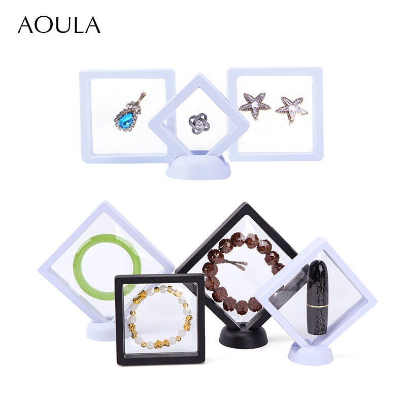 Vitrine flottante 3D, film PE transparent, boîte de rangement pour bijoux, bague, boucle d'oreille, collier, bracelet, porte-médaille anti-poussière, support