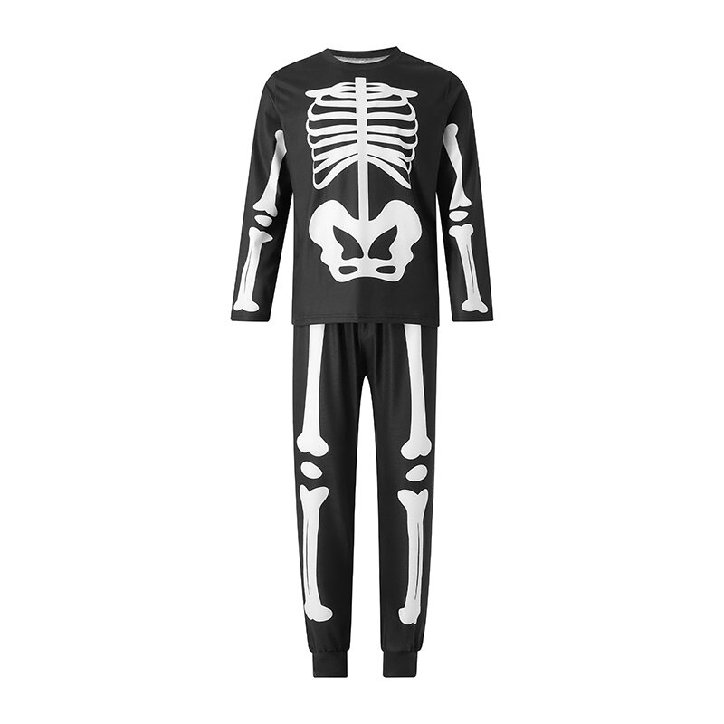 2023 Halloween Family Matching Pajamas Adult Kids Skull Skeleton Print Long Sleeve Tops and Stretch Casual Pants Sleepwear