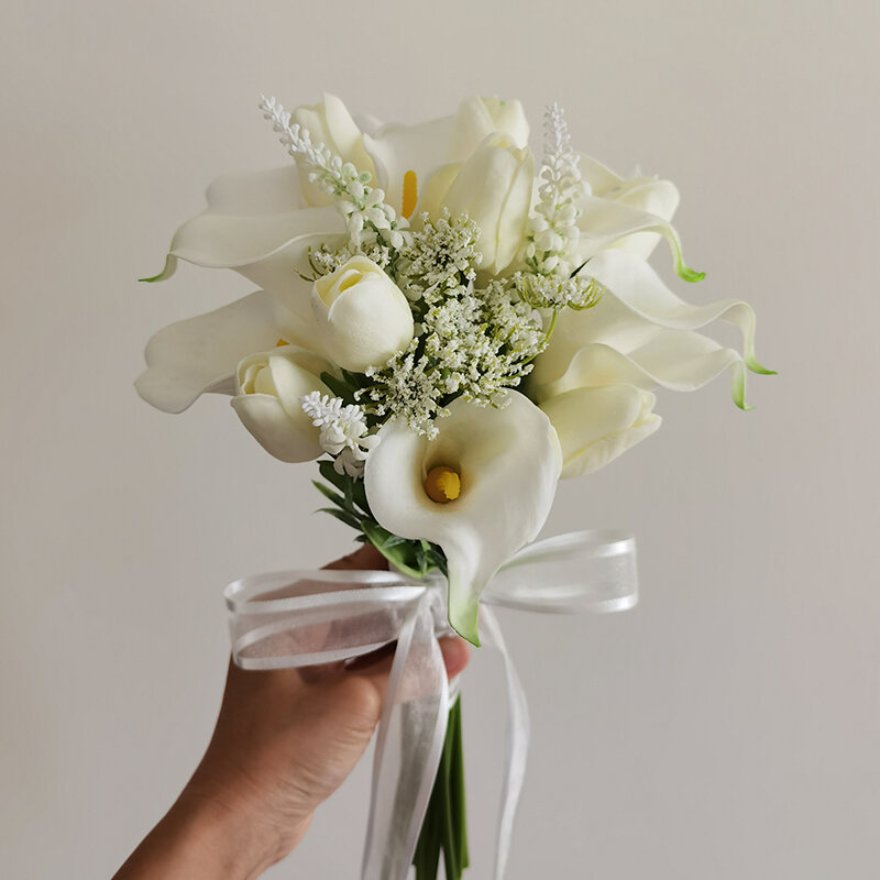 Buket pernikahan buket tangan Calla Lily buatan bunga pegangan pengantin untuk pengiring pengantin bunga pernikahan aksesori pengantin