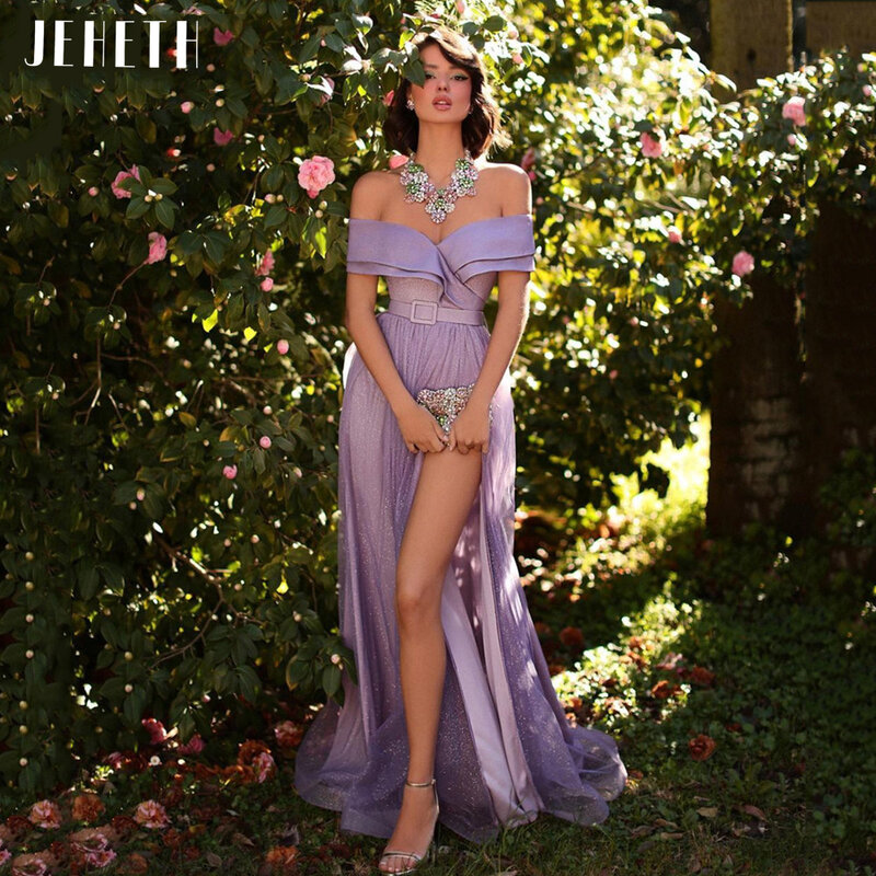 JEHETH abiti da sera Sexy viola con spalle scoperte 2022 raso A Line spacco laterale alto con cintura celebrità affascinante abito da ballo di fine anno
