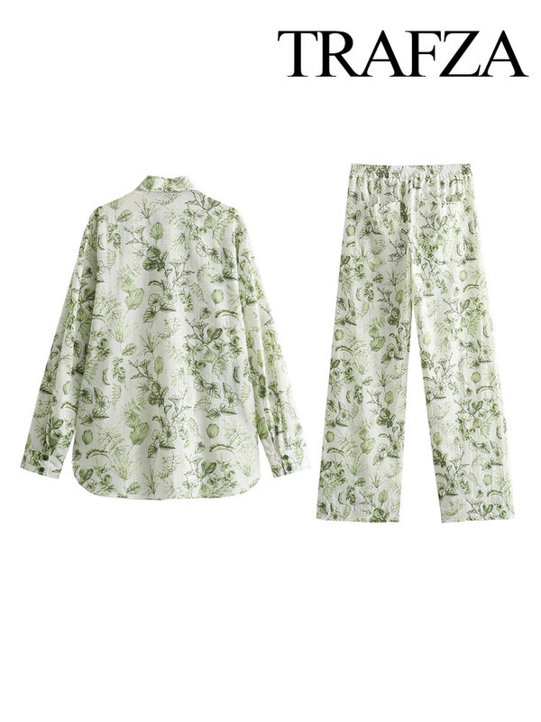 TRAFZA-Conjunto de 2 piezas para mujer, Top de camisa decorada con bolsillo de un solo pecho y solapa estampada, pantalones sueltos de cintura alta con cordón, elegantes y elegantes