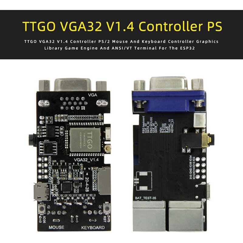 Ttgl vga32 vga esp32 psram module v1.4 controlador, ps/2 mouse teclado, placa gráfica, ansi/terminal