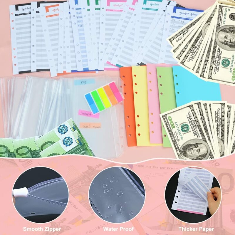 A6 couro binder orçamento dinheiro envelopes organizador com zíper envelopes, despesas folhas de orçamento, categoria adesivo e página dividida