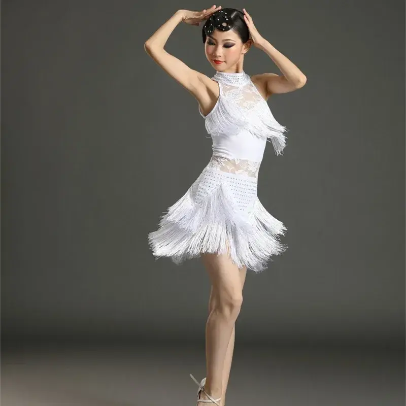 Gaun dansa Latin anak-anak, rumbai baju kompetisi kelas anak perempuan, baju latihan jazz tango