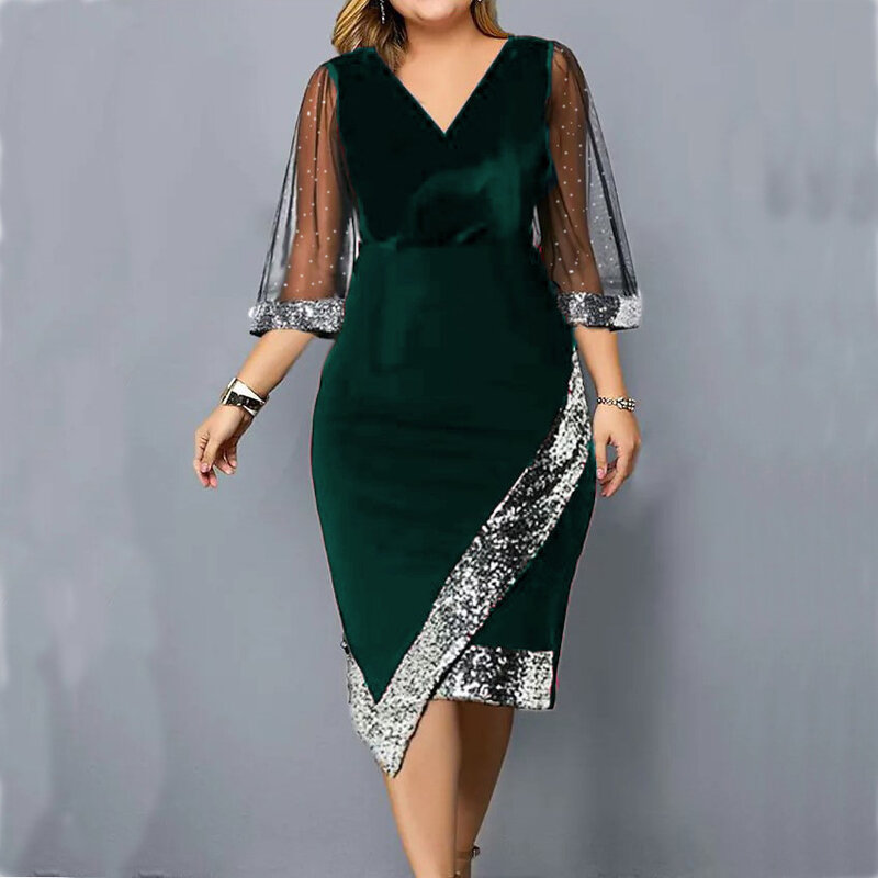 Elegante vestido de festa feminino, decote V com lantejoulas, manga de malha, veludo, irregular, ocasião formal, tamanho grande, 2023