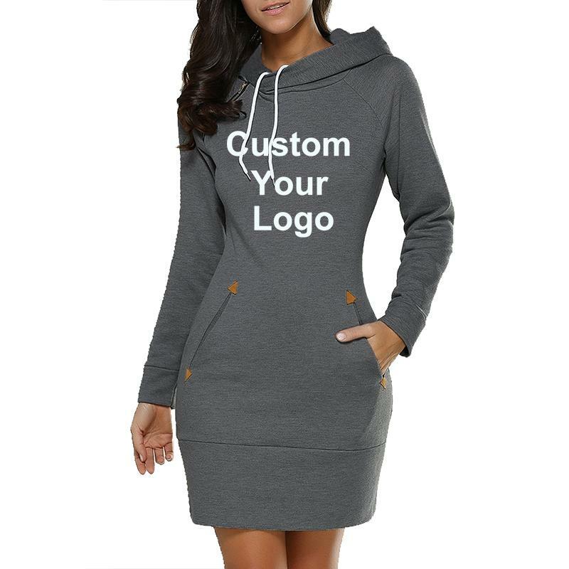 Vestido de manga larga con capucha para mujer, sudadera con estampado de logotipo personalizado, Color liso, con bolsillo, informal, S-3XL