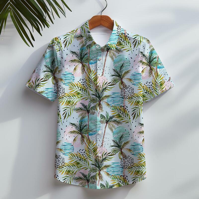 Гавайская рубашка мужская с короткими рукавами, модная футболка на пуговицах, с 3D-принтом кокосового дерева, с лацканами, В гавайском стиле, лето