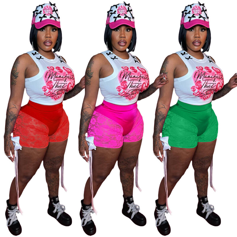 2024 Summer Sexy Spicy Girls Slim 2 Piece Set Women Print Sleeveless Street Crop Tank Top See Through Patchwork Skinny Shorts