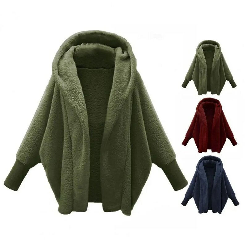 女性のフード付きぬいぐるみコート,長袖のアウターウェア,単色のフリースジャケット,厚手のオープンフロントカーディガン,秋冬