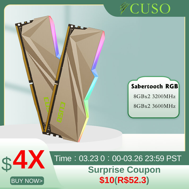 CUSO-Mémoire DDR4 RGB pour ordinateur de bureau, 16 Go, 8 Go x 2, 3200MHz, 3600MHz, série Sabertooth, DIMM