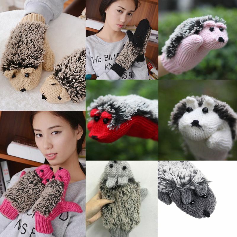1 Pair Women Hedgehog Gloves Winter Aniaml Knit Windproof Thermal Mittens