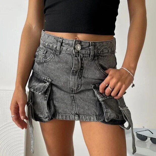 Harajuku rok Denim Vintage Y2K, pakaian jalanan rok Denim Multi saku, Rok Mini ramping pinggang tinggi, rok seksi modis baru untuk wanita