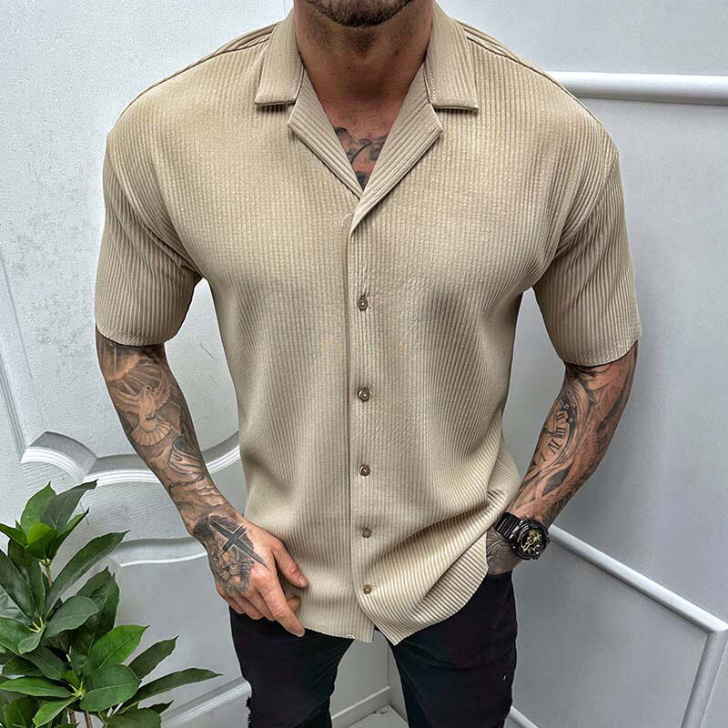 Leisure Solid Color Ribbed Shirts Men Clothes Fashion Short Sleeve Lapel Button Shirt 2023 Spring Summer Men's Casual Streetwear