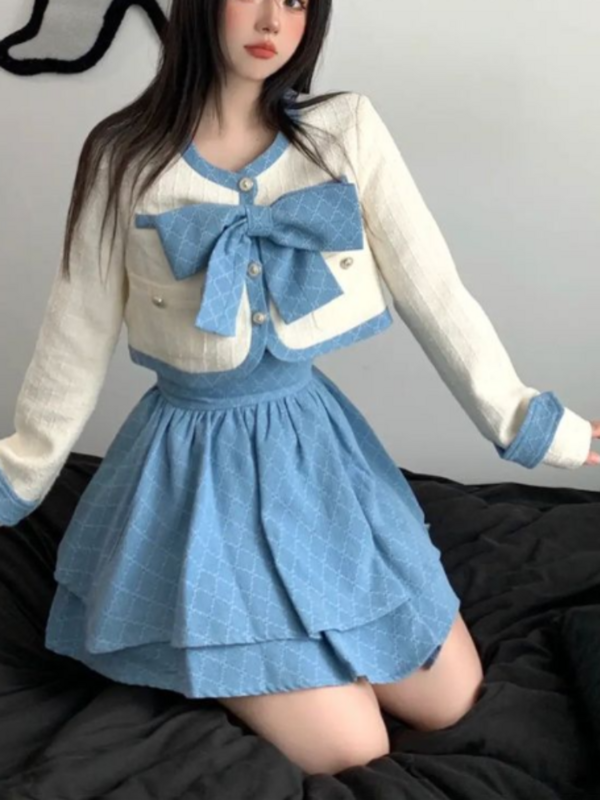 Winter Blue Elegant Two Piece Set Women Bow Patchwork Kawaii Party Mini Skirt Suit Female Korean Fashion Sweet Skirt Set 2023