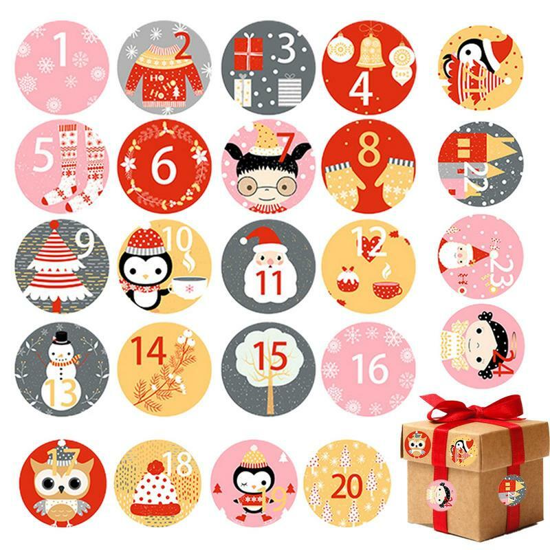 24 buah/lembar stiker segel permen kue DIY label kemasan hadiah dekorasi Natal stiker kertas nomor kalender kedatangan Natal