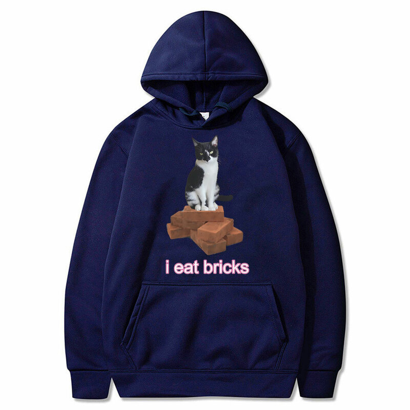 Funny I Eat Bricks Cute Cat Graphic Print Hoodie Men Women's Cute Kawaii Oversized Sweatshirt Male Casual Fleece Cotton Hoodies