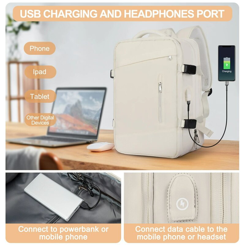 Likros-Mochila de viagem para homens e mulheres, Weekender expansível, Mochila portátil de caminhada com porta USB, Grande impermeável, 40L