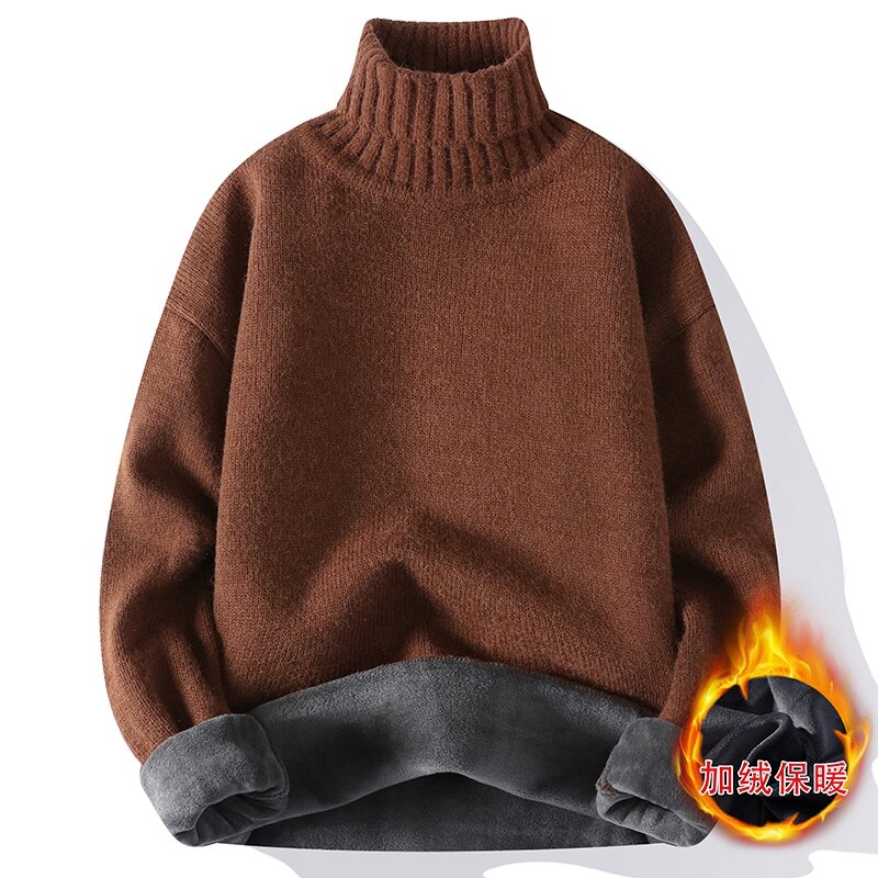 Мужской пуловер с высоким воротником, однотонный вязаный свитер свободного покроя с длинными рукавами и плюшевой подкладкой, Осень-зима